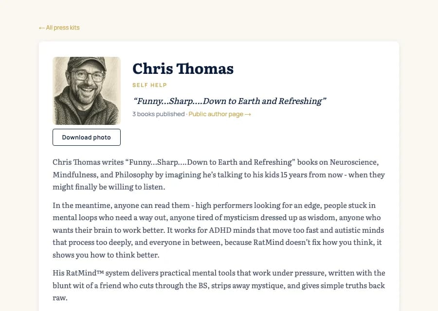 Chris Thomas’s press kit page, with his photo, a download button and his bio